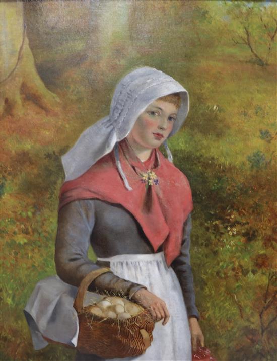 English School (19th century), oil on canvas, girl with a basket of eggs, 49 x 39cm